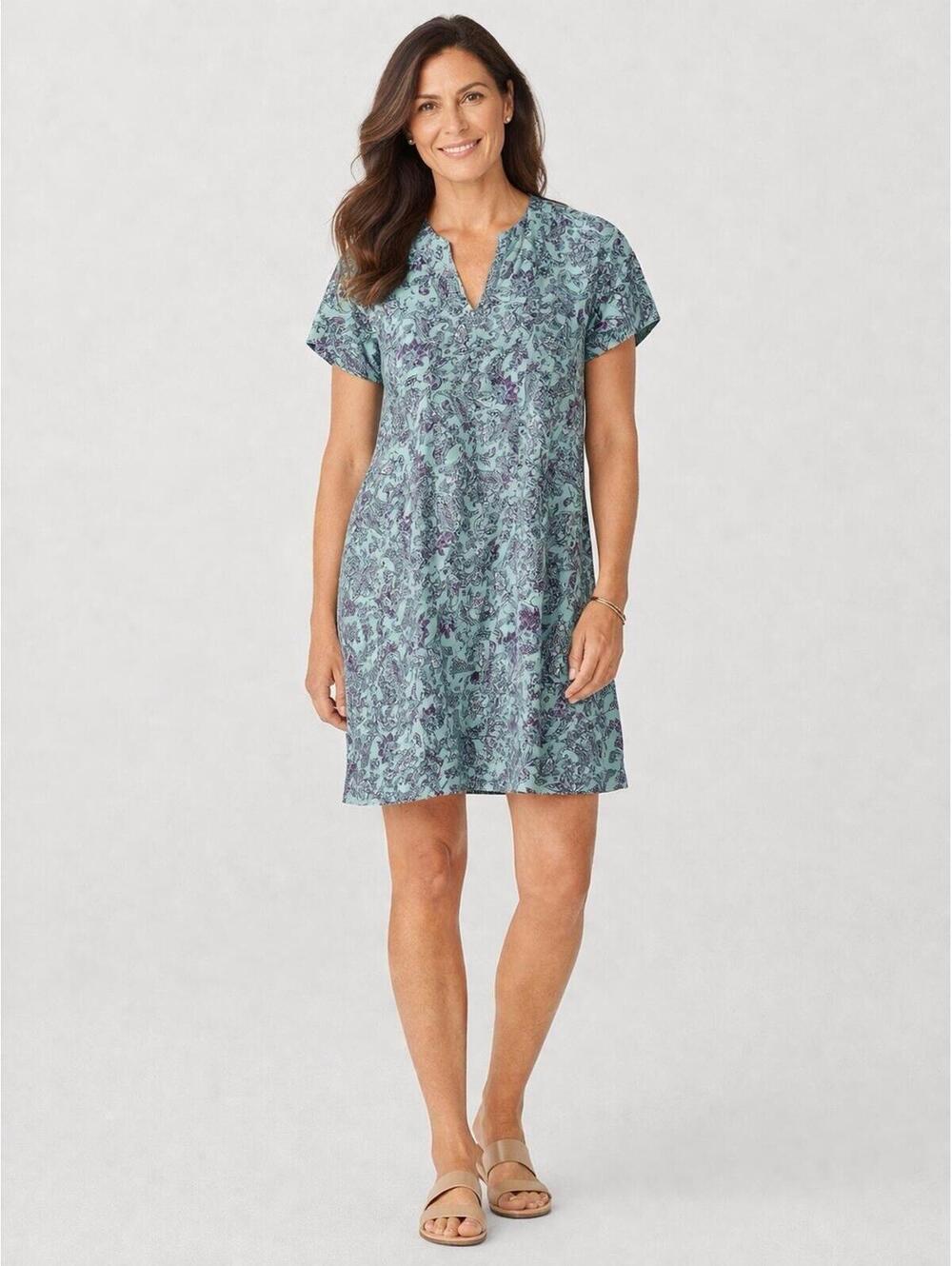 J Jill Love Linen Women’s Sz M V Neck Midi Dress Green Floral Pleat Cottage Core